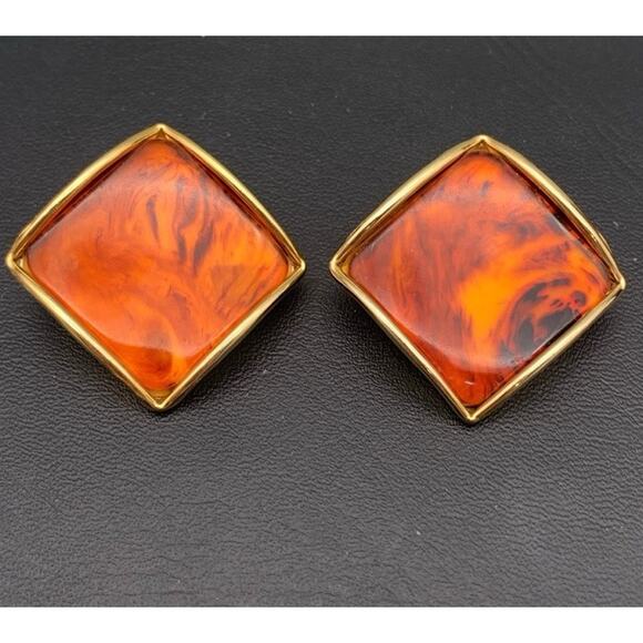 Vintage Root Beer Swirl Bakelite Clip-on Earrings Marbled Fire Look Art Deco - Picture 1 of 5